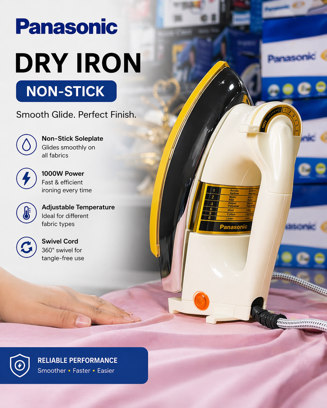 Panasonic 1000W Power Glide Dry Iron – Non-Stick Soleplate, Fast Heat & 360° Swivel Cord