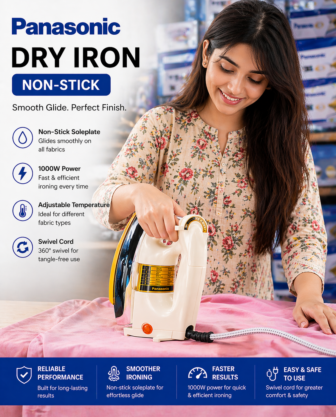 Panasonic 1000W Power Glide Dry Iron – Non-Stick Soleplate, Fast Heat & 360° Swivel Cord
