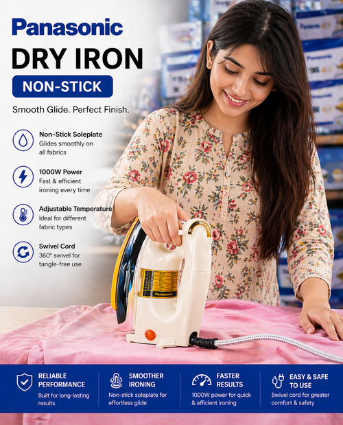 Panasonic 1000W Power Glide Dry Iron – Non-Stick Soleplate, Fast Heat & 360° Swivel Cord